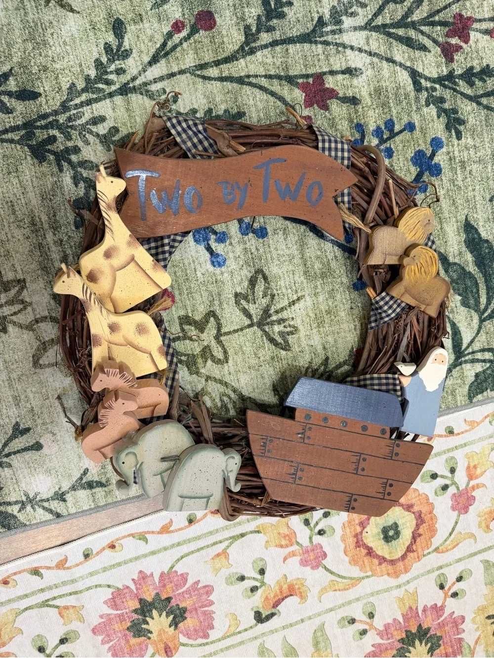Vintage Noah’s Ark Nursery Wreath Handmade Wooden 3D Christianity Noah’s Ark
